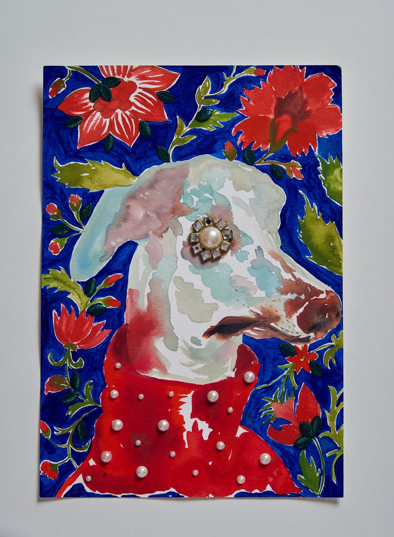 Ms. Cleopatra from Not Just Dogs, 2026 Materials: Goauche, watercolor, pearls and mixed embroideries on French pinstripe paper Size: 8 3/10 × 11 3/5 × 1 in | 21.1 × 29.5 × 2.5 cm — view 1