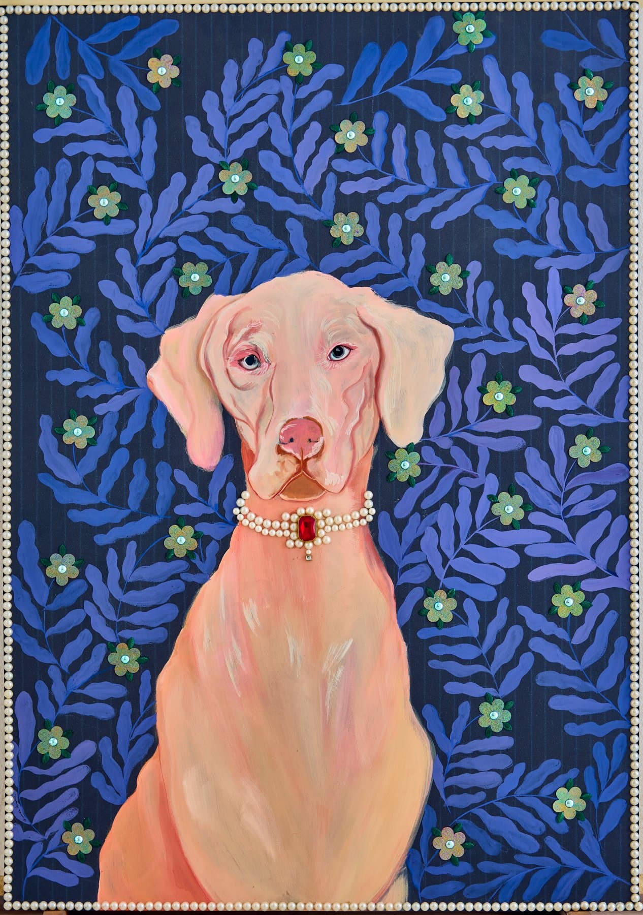 Ms. Cleopatra from Not Just Dogs, 2026 Materials: Goauche, watercolor, pearls and mixed embroideries on French pinstripe paper Size: 8 3/10 × 11 3/5 × 1 in | 21.1 × 29.5 × 2.5 cm — view 2